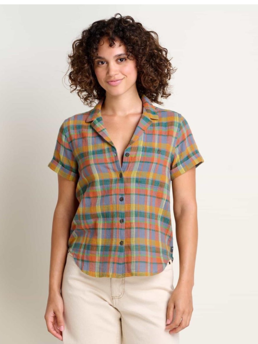 Toad&Co Camp Cove Plaid Short-Sleeve Button-Down Shirt in Mustard, Teal, Coral